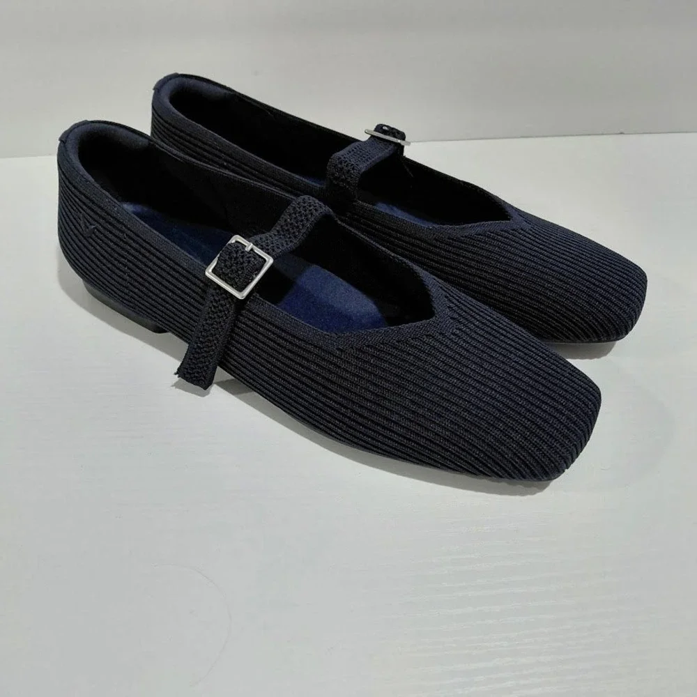 Vivaia Margot Mary Jane Flats Navy Blue Ribbed Knit Square Toe Sustainable 39.5 - Picture 7 of 13